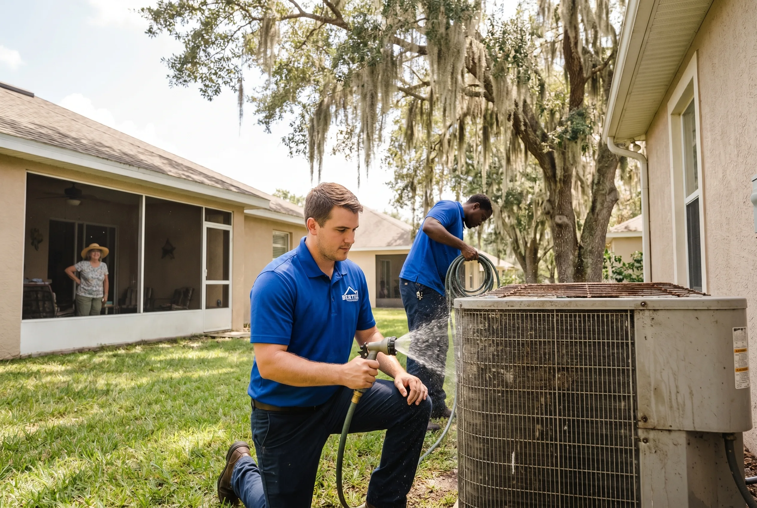 Bertie Air technician servicing an air conditioner in Gainesville